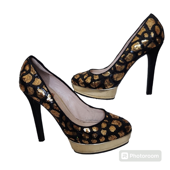 Vince Camuto Black & Gold Sequin Leopard Platform High Heels 6M - Picture 16 of 16